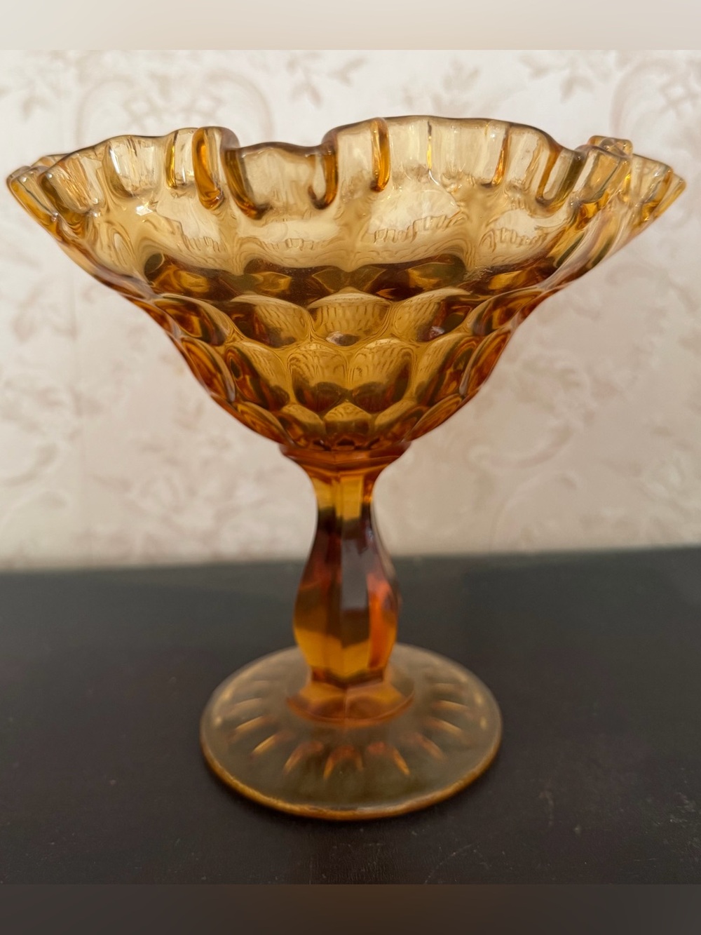 Vintage Amber Glass Ruffled Pedestal Candy Dish Antique